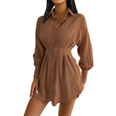 BIVENANT Women Ruffle Dress Mini Shirt Dress Hem Chiffon Mini Shirt Dress Fall Long Lantern Sleeve Button Down Ruched A-line Tunic Dress,Khaki,S