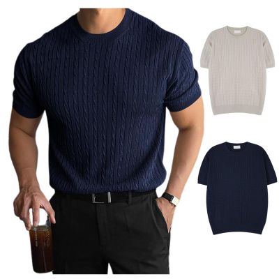 Men's Plain Round Neck Cable Knit Tops, Men's Round Neck Solid Color Cable Short Sleeve Knit Top, Knit Sweater (US, Alpha, Medium, Regular, Regular, Blue)