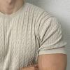 Men's Plain Round Neck Cable Knit Tops, Men's Round Neck Solid Color Cable Short Sleeve Knit Top, Knit Sweater (US, Alpha, Medium, Regular, Regular, Blue) view 2