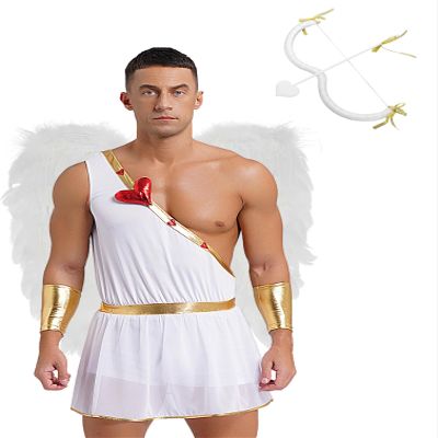 Agoky Mens Adult Cupid Costume One-Shoulder Romper Outfit Bodysuit Valentine Fancy Dress for Theme Party White XX-Large