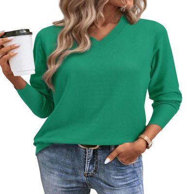 Kelly Green Sweaters for Women Long Sleeve Tops Dressy Casual Spring Sweaters for Women 2026 Trendy V Neck Sweater Lightweight Thin Pullover Loose Fit Ladies Tops and Blouses Western Clothing XL
