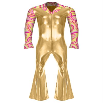 YiZYiF Men's 70s Disco Costume Shiny Metallic Unitard Zentai Zipper Bodysuit Bell Bottom Jumpsuits Gold 3X-Large
