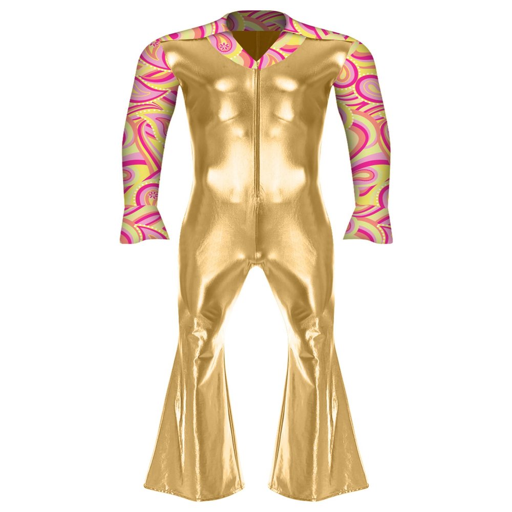 YiZYiF Men's 70s Disco Costume Shiny Metallic Unitard Zentai Zipper Bodysuit Bell Bottom Jumpsuits Gold 3X-Large