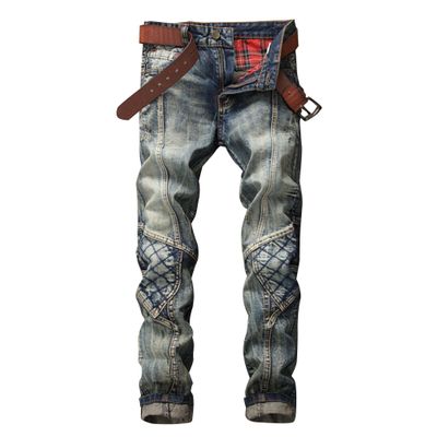 QOAAIE Men's Slim Fit Distress Trendy Jeans Skinny Stitched Patchwork Denim Trousers Medium Waist Ripped Straight Pants (Blue,31)