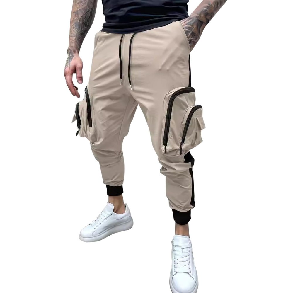 Casual Cargo Pants for Men Drawstring Multi Pocket Bound Feet Tapered Trousers Trendy Baggy Gym Spring Fall Overalls