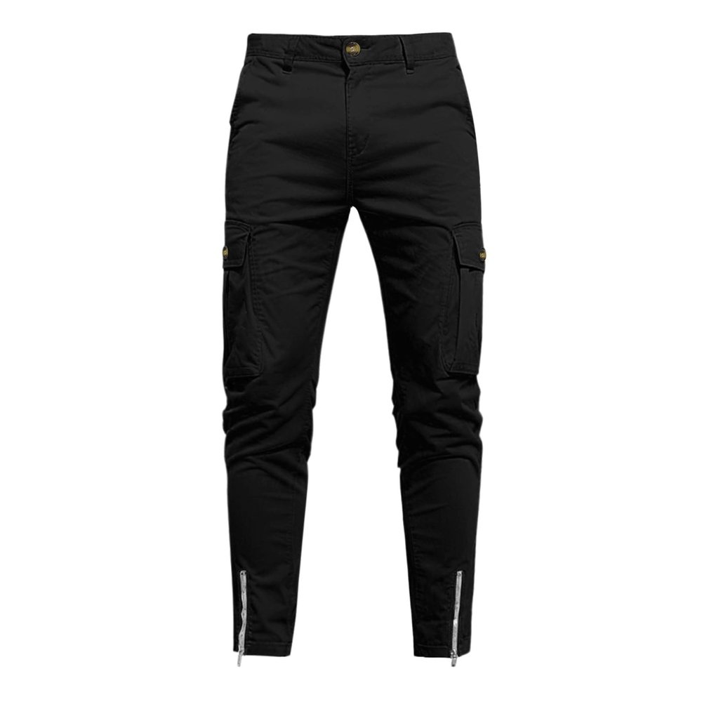 Daily Casual Pants for Men Multi Pocket Cuffs Zipper Belt Tapered Trousers Fashion Outdoor Running Training Overalls