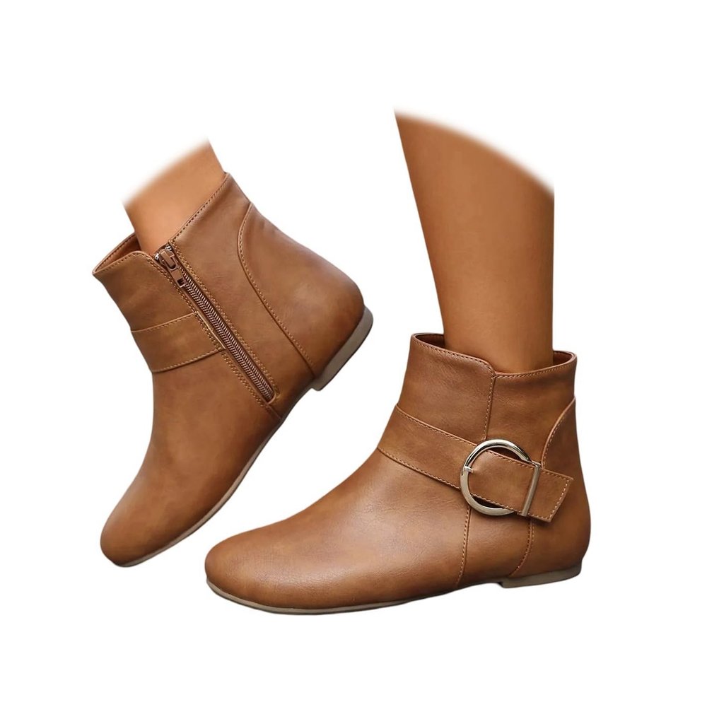 Women's Ankle Boots Low Heel Slouch Flat Comfort Side Zip Ankle Booties Arch Support Buckle Dress Short Boots