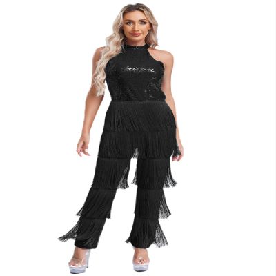 renvena Women's Shiny Sequins Sleeveless Jumpsuit Tiered Tassel Rompers Latin Salsa Rumba Costume Black Medium