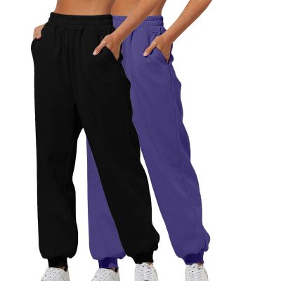 2PC Baggy Sweatpants for Women Trendy Y2k Streetwear High Waisted Wide Leg Athletic Joggers Pants Fleece Lounge Pants Black