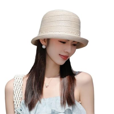 2025 Beach Hats for Women Short Brim Sun Hat Elegant Pearl Trim Bucket Hat Summer Casual Vacation Going Out Visor Hat(Beige)