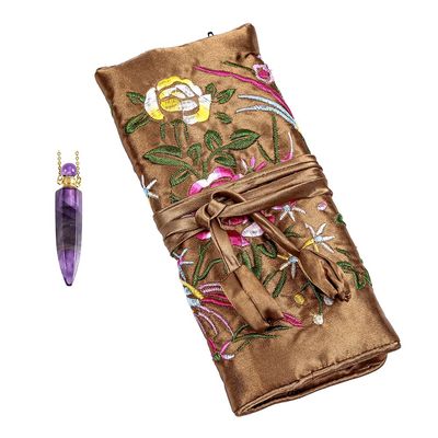 TUMBEELLUWA Embroidery Travel Jewelry Bag & Amethyst Crystal Perfume Bottle Pendant Necklace for Men Women