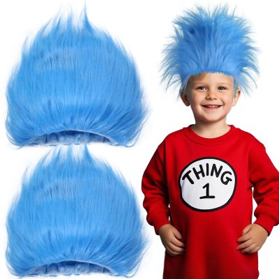 BlissfulTie 2 Pack Blue Fluffy Costume Wig - Funky Crazy Hair Hat Thing Costume Wig for Reading Week, Halloween, and Theme Parties