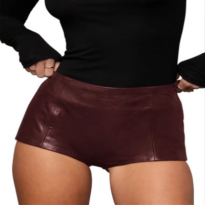 Fallorchid Women's Faux Leather Shorts Sexy Skinny Mini Shorts Hot Pants Wine Red