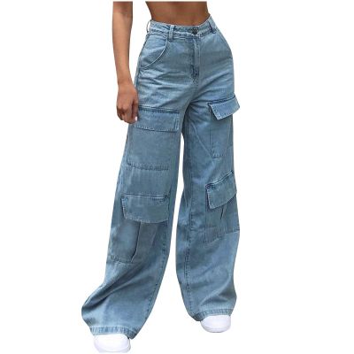 Cargo Jeans for Women High Waisted Wide Leg Pants Fashion Teen Girls Baggy Y2K Denim Pants Combat Military Trousers Light Blue