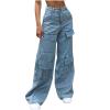 Cargo Jeans for Women High Waisted Wide Leg Pants Fashion Teen Girls Baggy Y2K Denim Pants Combat Military Trousers Light Blue view 1