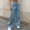 Cargo Jeans for Women High Waisted Wide Leg Pants Fashion Teen Girls Baggy Y2K Denim Pants Combat Military Trousers Light Blue view 2