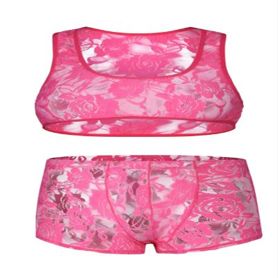 Sipumia Men's Sexy Gay Lace Vest Paired with Shorts Tight Fitting High Stretch Sleeveless Top Set-CMF281 Fuchsia M