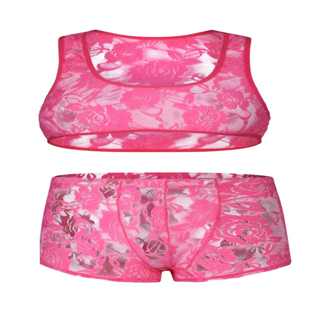Sipumia Men's Sexy Gay Lace Vest Paired with Shorts Tight Fitting High Stretch Sleeveless Top Set-CMF281 Fuchsia M