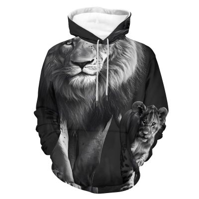 Black And White Animal Lion Adult Hoodies Pullover Hooded Sweatshirts Long Sleeve Sweater Tops with Pocket 4XL