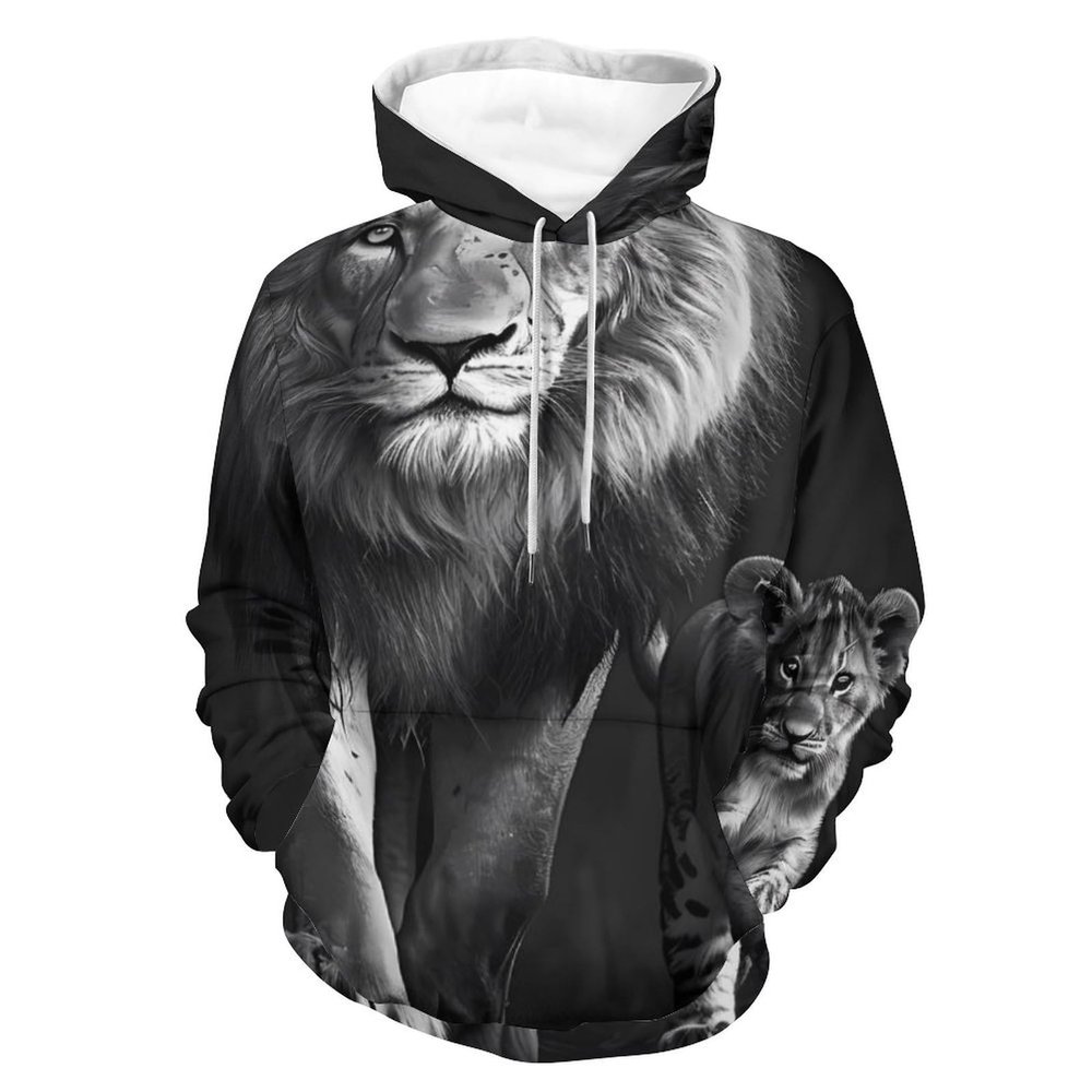 Black And White Animal Lion Adult Hoodies Pullover Hooded Sweatshirts Long Sleeve Sweater Tops with Pocket 4XL