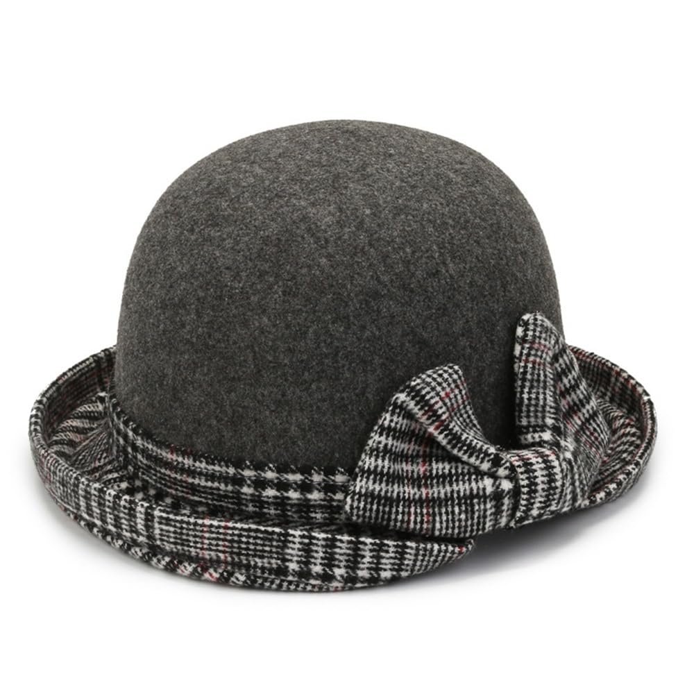 2025 Elegant Bow Fedora Hat for Women Vintage Wool Felt Cloche Hat Fashion Bucket Hat Classic Church Bowler Hats(Gray)