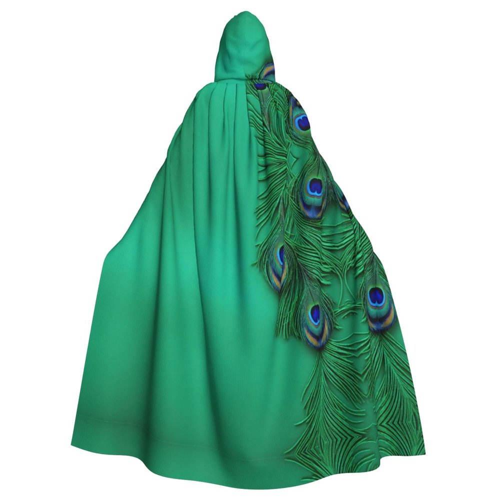 Green Peacock Feather Print Unisex Adults Hooded Cloak Cape,Hooded Robe Cloak,Oversized Hood Cloak,Halloween Cloak