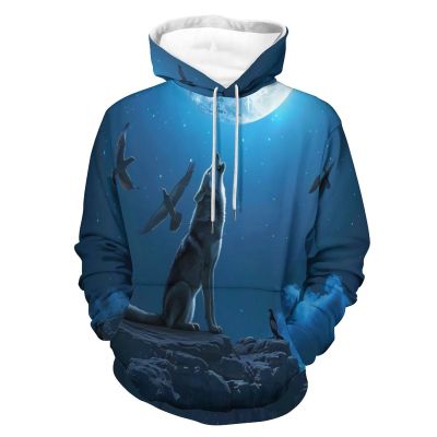 Howling Wolf Moon Print Adult Hoodies Pullover Hooded Sweatshirts Long Sleeve Sweater Tops with Pocket M
