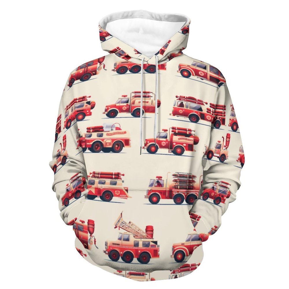 Fire Truck Print Adult Hoodies Pullover Hooded Sweatshirts Long Sleeve Sweater Tops with Pocket M