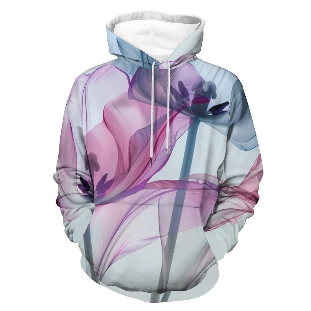 Abstract Blue Tulip Floral Adult Hoodies Pullover Hooded Sweatshirts Long Sleeve Sweater Tops with Pocket 3XL