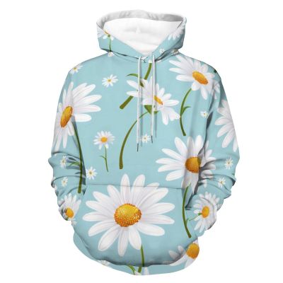 White Daisy Flowers Adult Hoodies Pullover Hooded Sweatshirts Long Sleeve Sweater Tops with Pocket 3XL