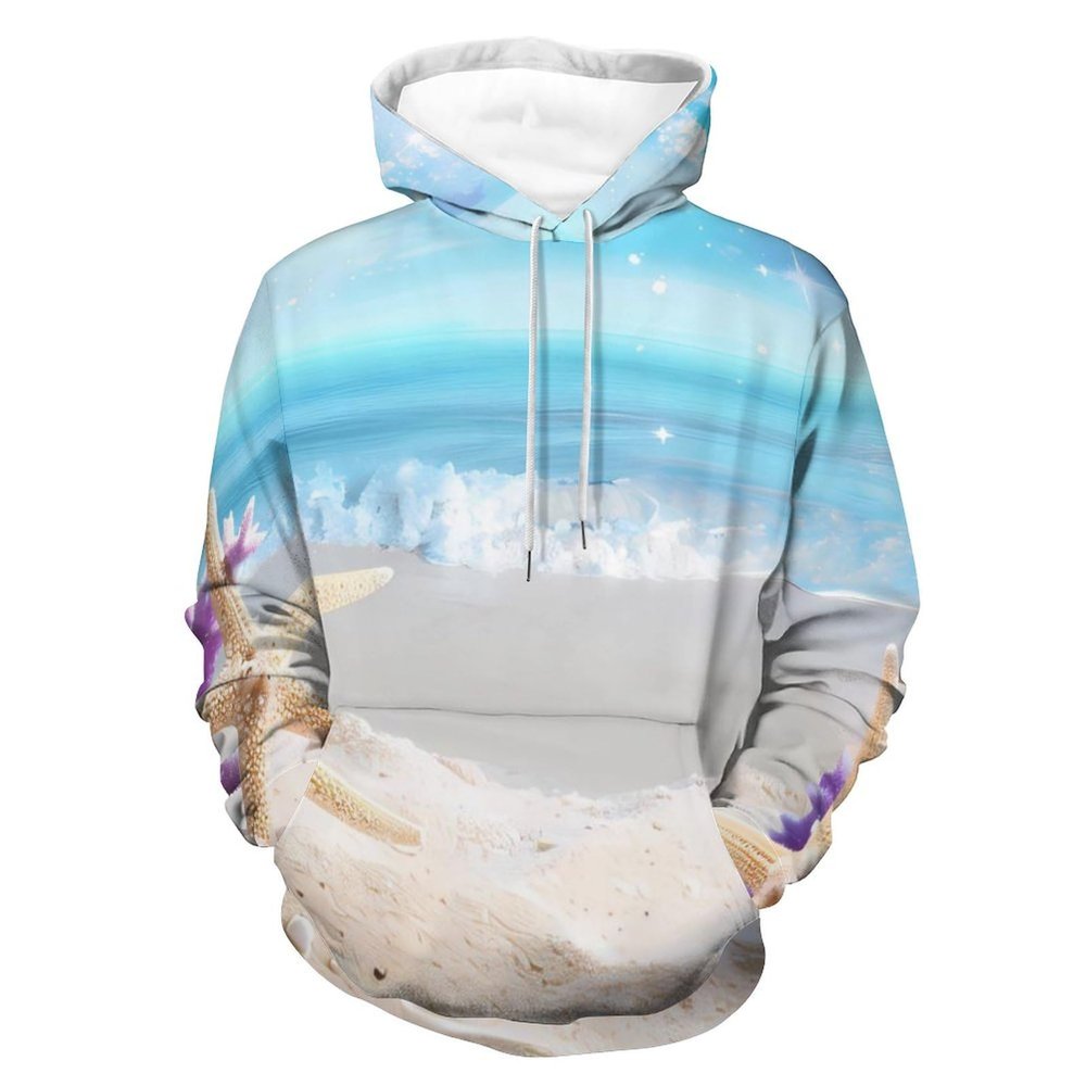 Seashell Starfish And Beach Adult Hoodies Pullover Hooded Sweatshirts Long Sleeve Sweater Tops with Pocket 3XL