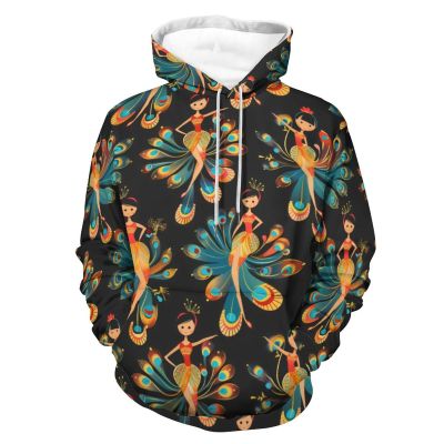 Dancing Baller with Peacock Feathers Adult Hoodies Pullover Hooded Sweatshirts Long Sleeve Sweater Tops with Pocket 2XL