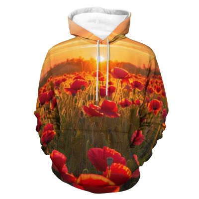 Poppy Field at Sunset Adult Hoodies Pullover Hooded Sweatshirts Long Sleeve Sweater Tops with Pocket 3XL