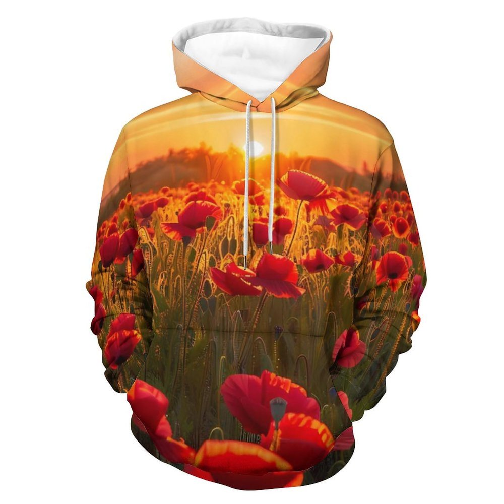 Poppy Field at Sunset Adult Hoodies Pullover Hooded Sweatshirts Long Sleeve Sweater Tops with Pocket 3XL