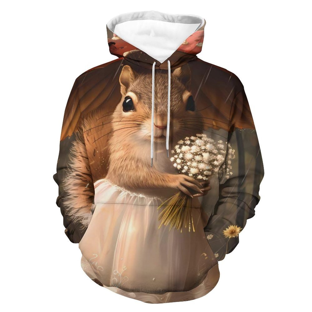 Lady Squirrel With Umbrella Adult Hoodies Pullover Hooded Sweatshirts Long Sleeve Sweater Tops with Pocket 3XL