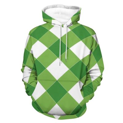 Green Argyle Adult Hoodies Pullover Hooded Sweatshirts Long Sleeve Sweater Tops with Pocket 4XL