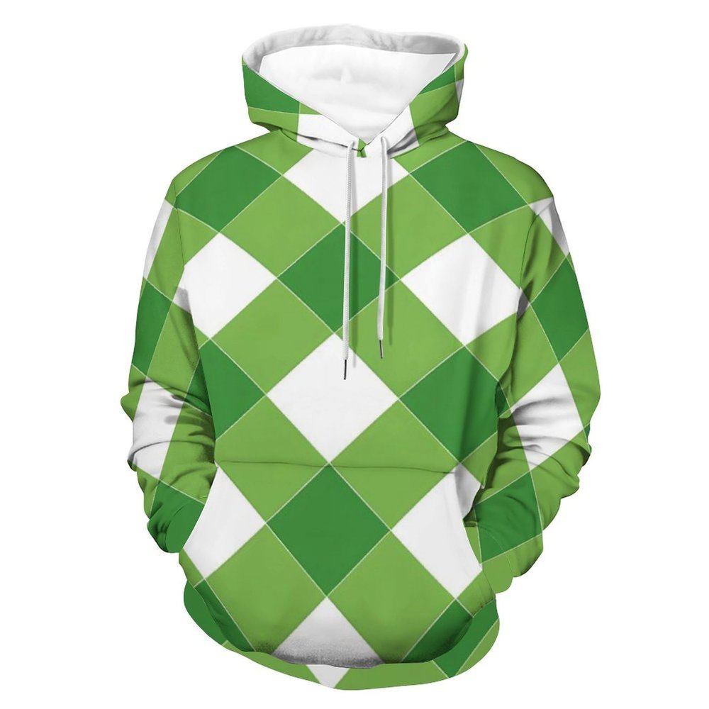Green Argyle Adult Hoodies Pullover Hooded Sweatshirts Long Sleeve Sweater Tops with Pocket 4XL