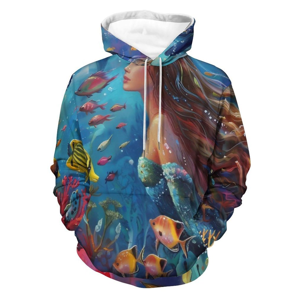 Lady Mermaid Dolphin Whale Ocean Adult Hoodies Pullover Hooded Sweatshirts Long Sleeve Sweater Tops with Pocket XL