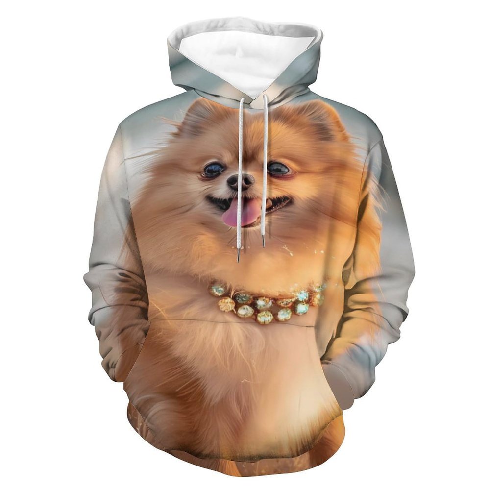 Pomeranian Dog Beach Adult Hoodies Pullover Hooded Sweatshirts Long Sleeve Sweater Tops with Pocket 3XL