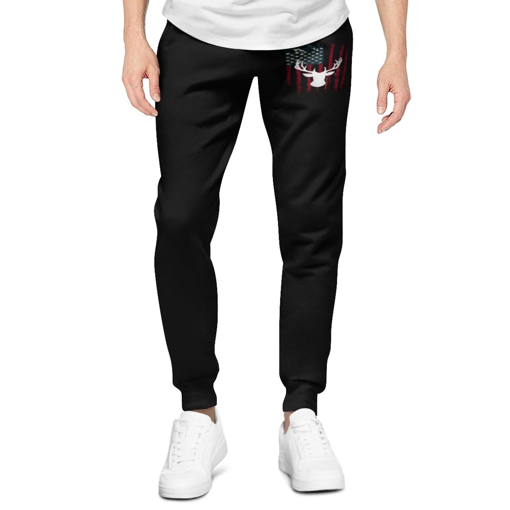 Americo s Flag Deer Theme Men's Pants Sweatpant,Athletic with Pockets Long Casual Pants Printed Sweat Pants Men M