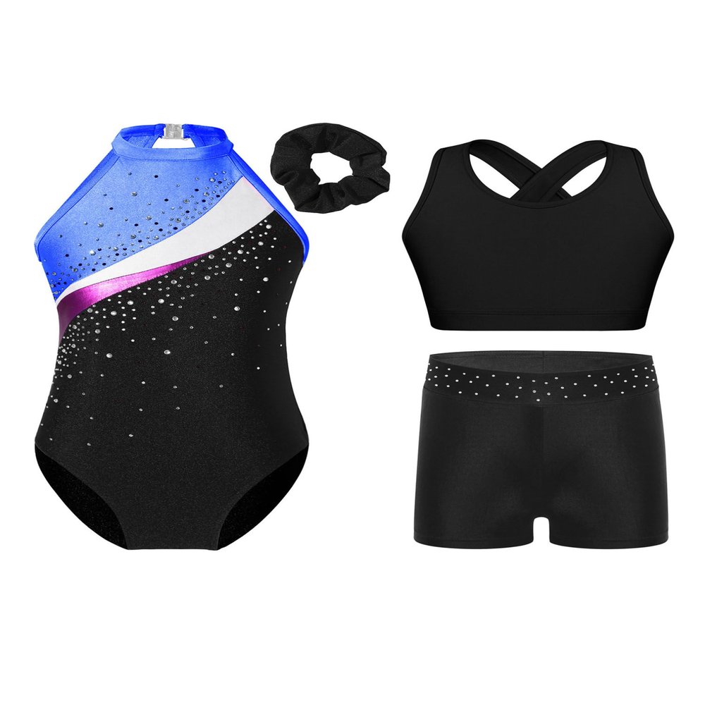 easyforever Kids Girls Sleeveless Gymnastics Leotard Sparkly Dance Unitard Biketard Vest Tops with Shorts Hairband Set Royal Blue 16 Years