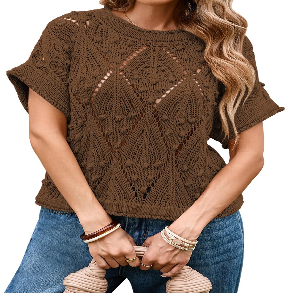 Cakulo Womens Short Sleeve Summer Lightweight Crochet Sweaters 2025 Boho Crop Tops Knit Fashion Clothes Brown L