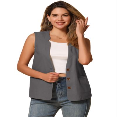 Allegra K Cotton Linen Vest for Women's Casual V Neck Button Down Sleeveless Jacket Large Dark Gray