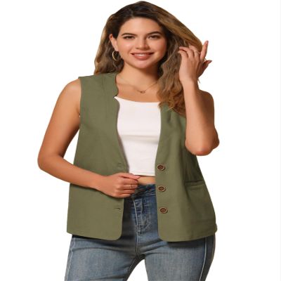 Allegra K Cotton Linen Vest for Women's Casual V Neck Button Down Sleeveless Jacket X-Small Army Green