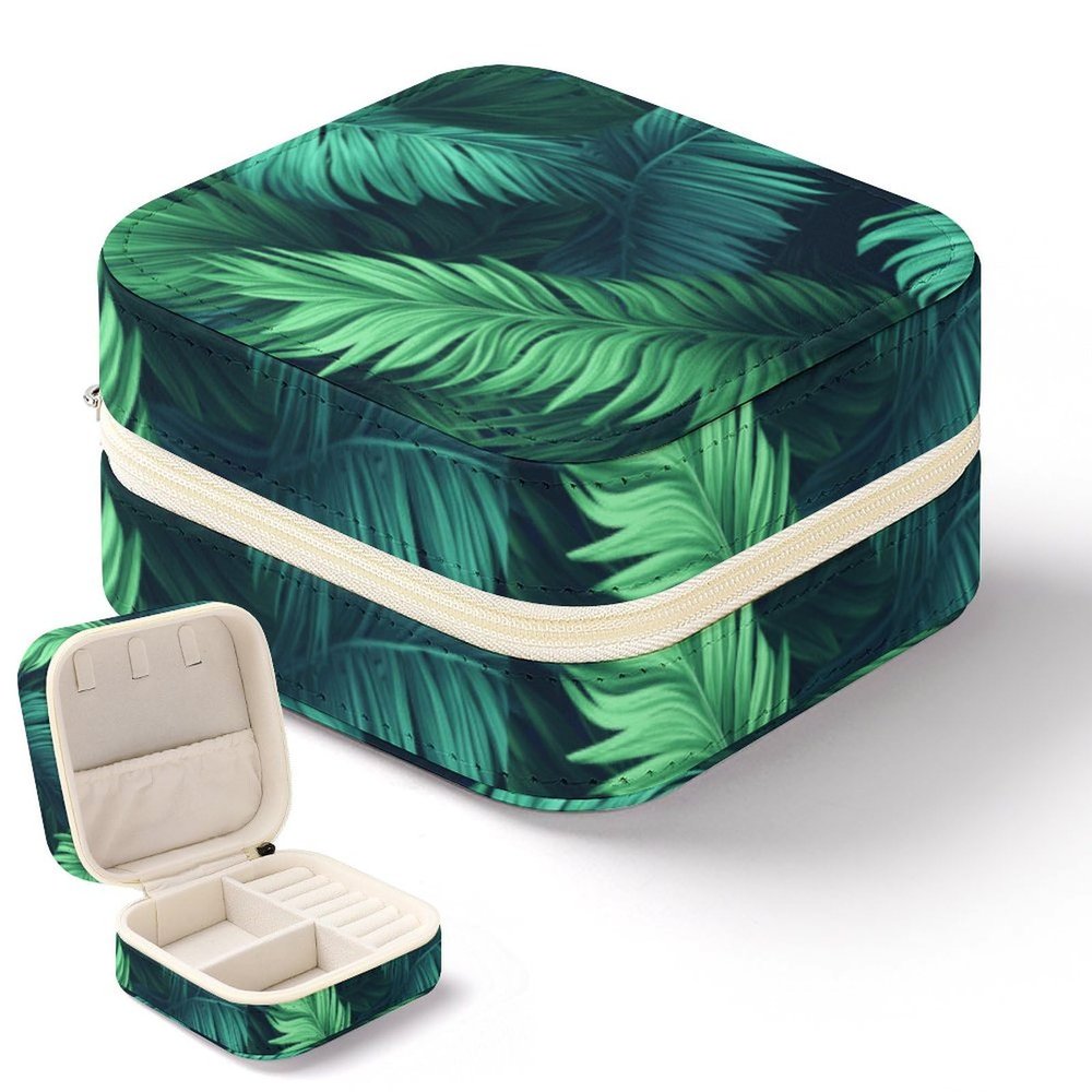 NWTRJ Jewelry Box for Women Portable PU Leather Jewelry Storage Holder Waterproof Travel Mini Jewelry Organizer Case for Ring Pendant Earring Necklace Bracelet Tropical Palm Leaves