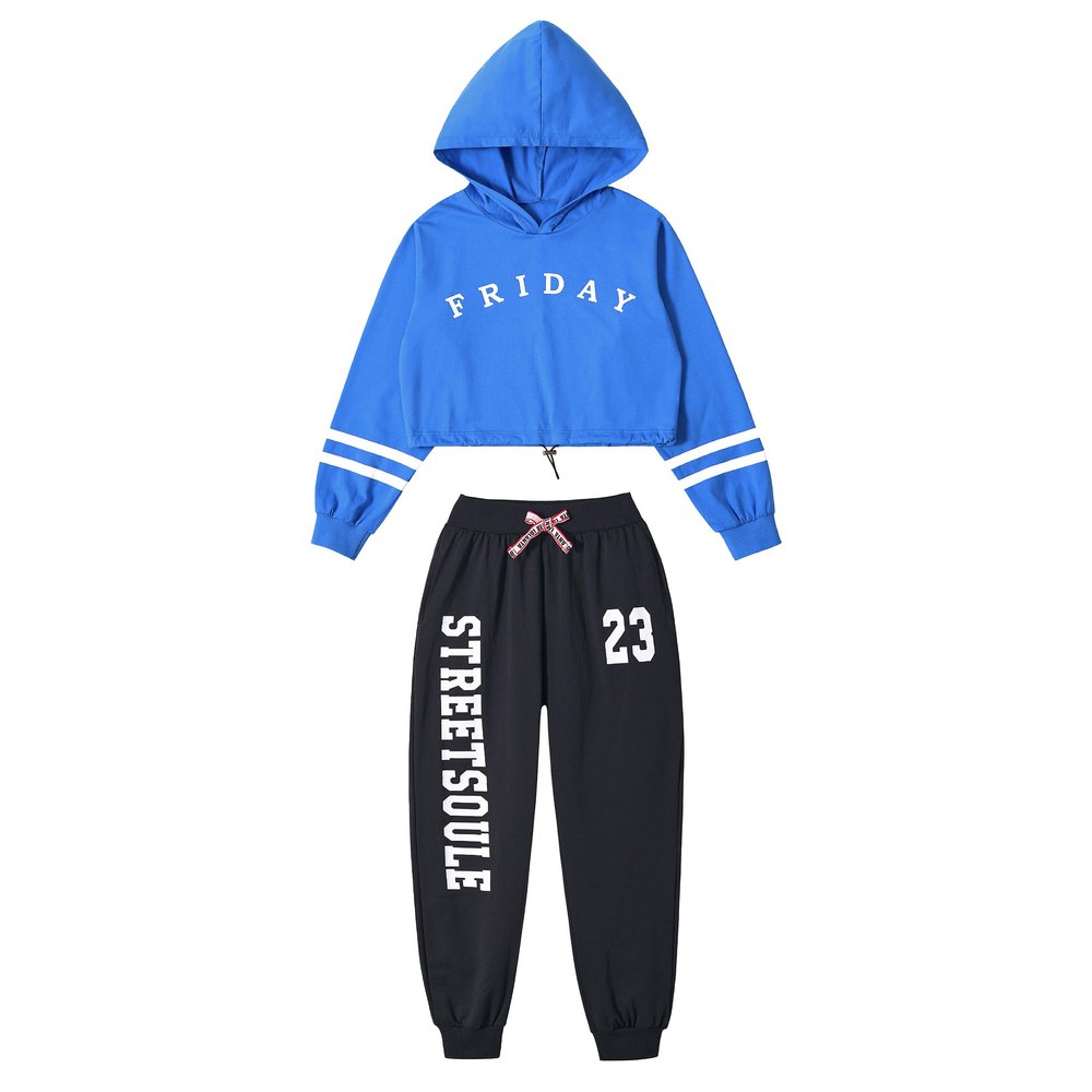 LOLANTA Girls Hip Hop Dance Outfit 2 Piece Long Sleeve Cropped Hoodie Sweatshirt And Sweatpants Set (Blue, 6-7)