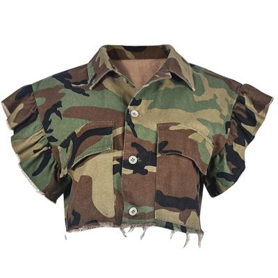 Dawery Women Jacket Turn-down Collar Butterfly Sleeve Single Breasted Camouflage Print Short Coat Spring (Camouflage,Small)