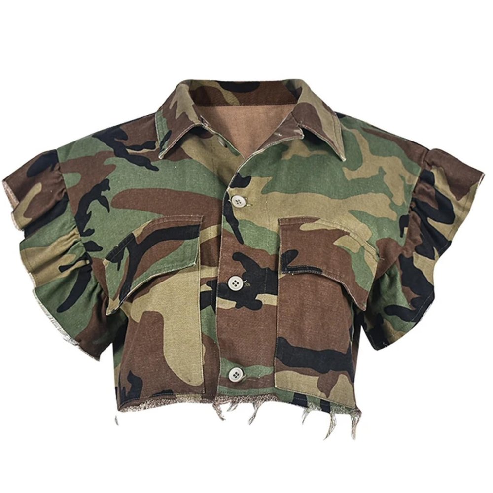Dawery Women Jacket Turn-down Collar Butterfly Sleeve Single Breasted Camouflage Print Short Coat Spring (Camouflage,Small)