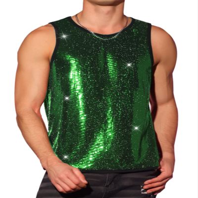 Lars Amadeus Sequin Tank Top for Men's Shiny Nightclub Party Metallic Sleeveless T-Shirts X-Large Green