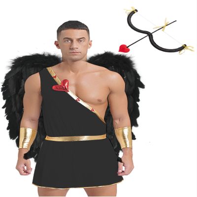 Kaerm Mens Festival Party Valentine Cupid Dress up Costume One Piece Romper with Accessories Outfit Black Small
